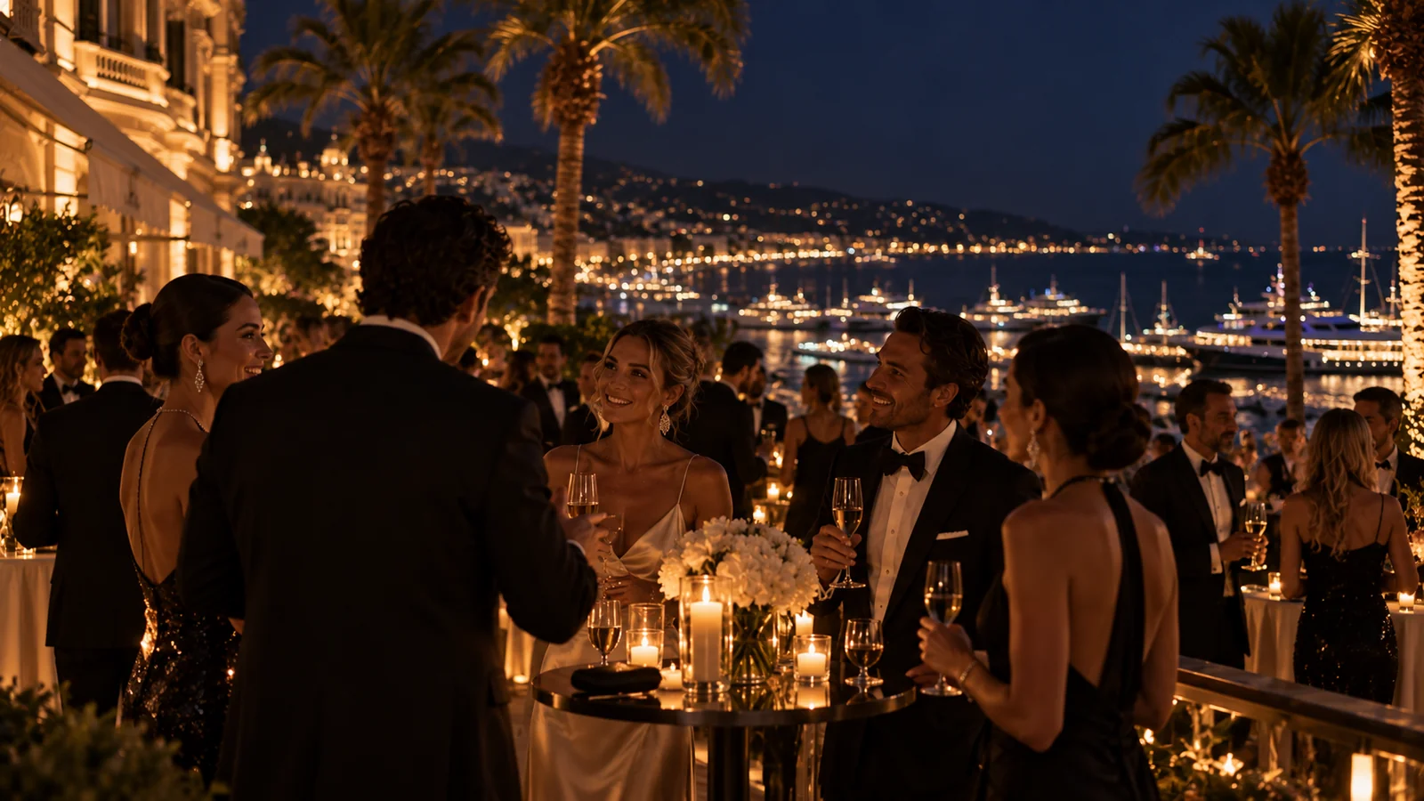 Réception en smoking sur une terrasse de la Croisette, la baie de Cannes illuminée derrière