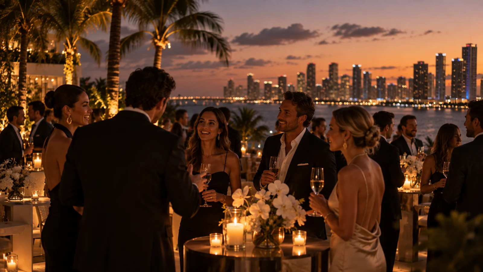 A corporate cocktail reception on a Miami rooftop at dusk, the lit skyline behind