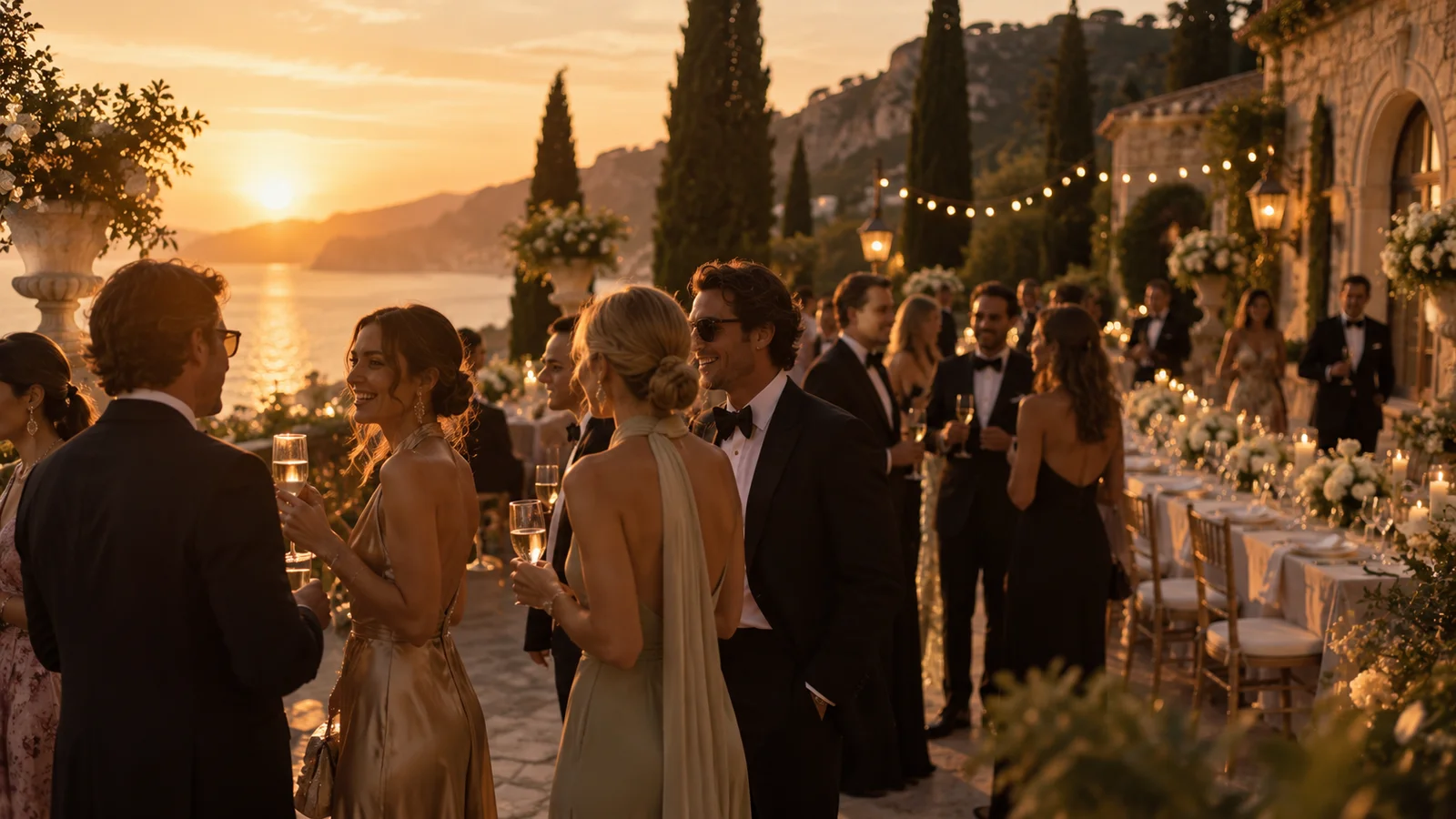 Guests at a luxury wedding reception at golden hour