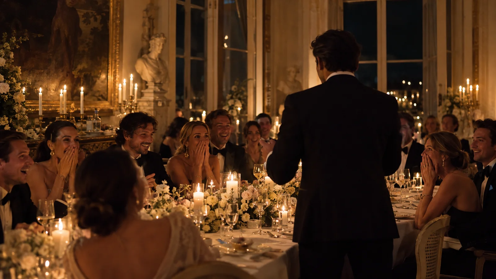 Candlelit wedding dinner during a mentalism performance