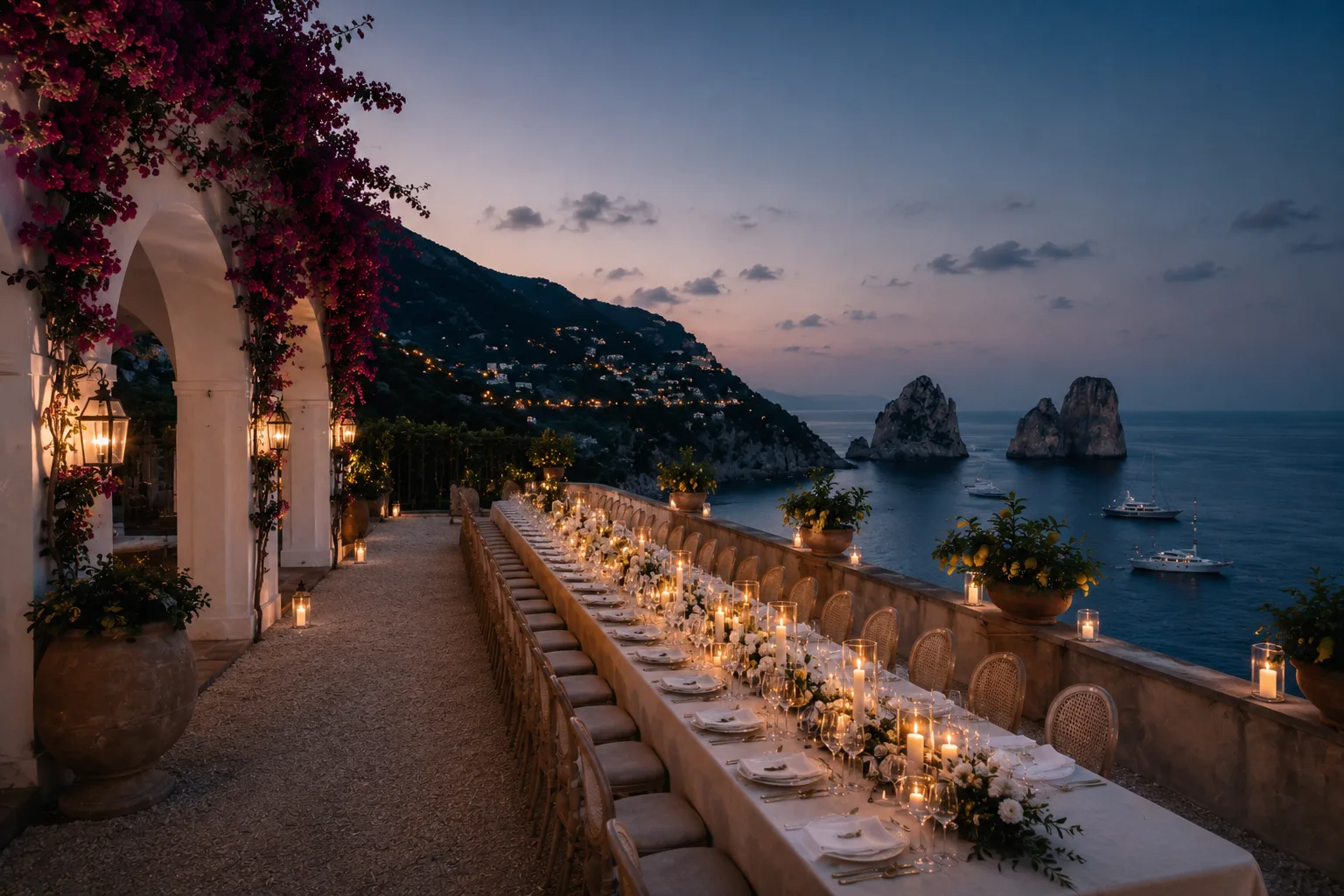 Terrace above the Amalfi Coast at dusk, tables set for dinner