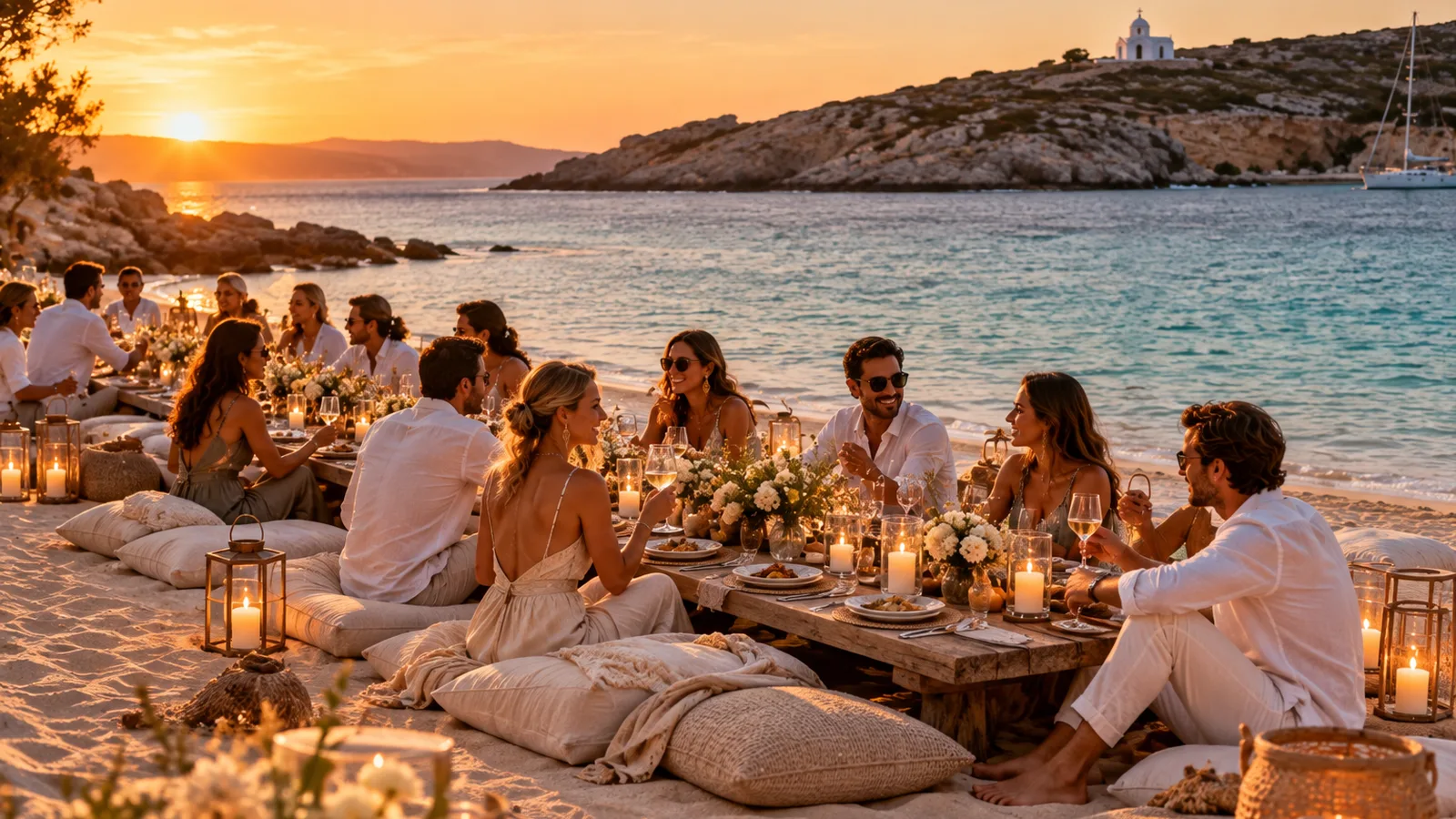 A barefoot beach wedding dinner on the sand of a quiet Antiparos cove at golden hour