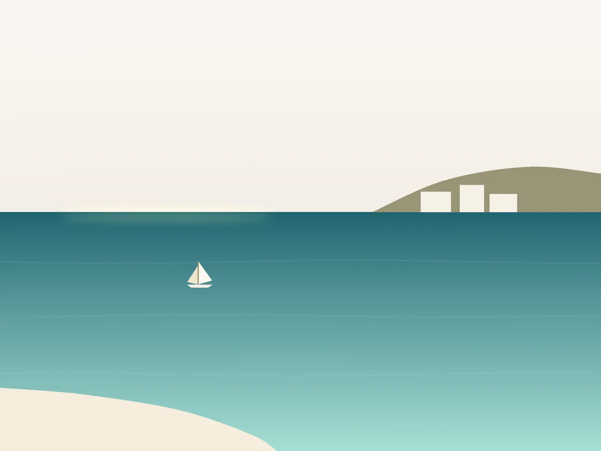 Illustrated view of a quiet Antiparos cove with whitewashed houses