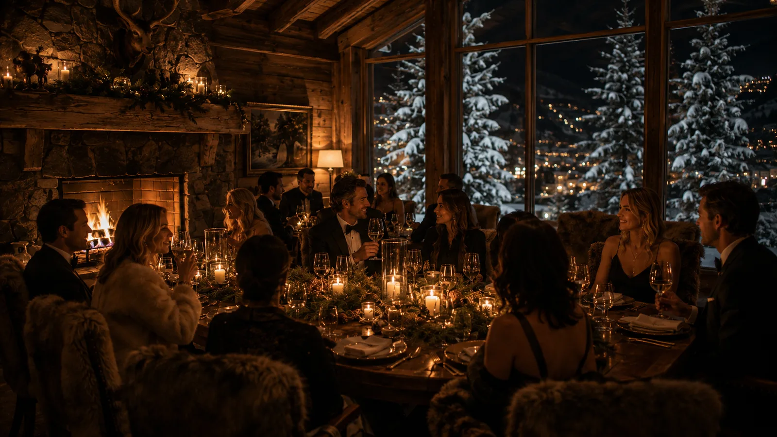 A private chalet dinner in Aspen, guests by a stone fireplace with snow-covered spruce through the windows