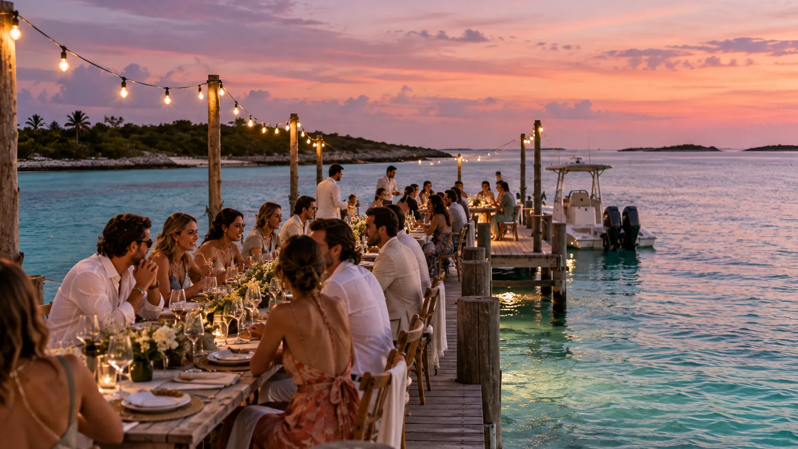 A wedding dinner on a private-island jetty over clear Bahamian water at dusk