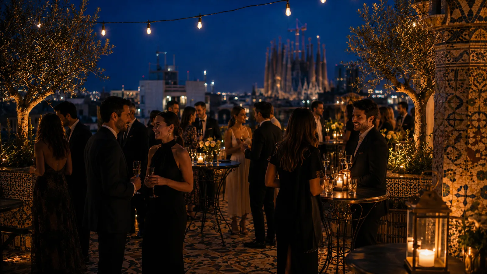 A rooftop reception in Barcelona at blue hour, string lights over guests with cava, the Sagrada Familia silhouette in the distance
