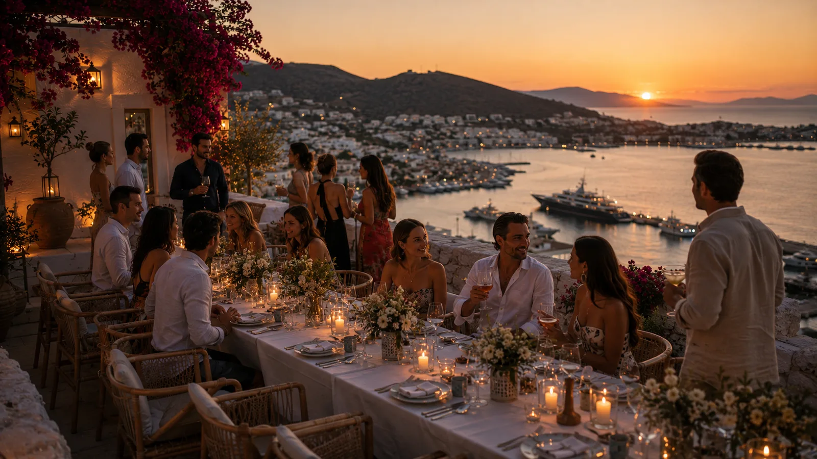 A sunset dinner on a Bodrum terrace above the Aegean, bougainvillea and the marina far below