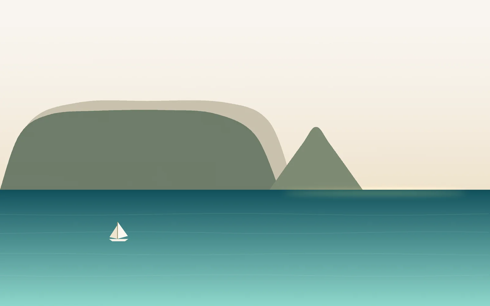 Illustrated view of Table Mountain and Lion's Head above a turquoise bay with a white sailboat