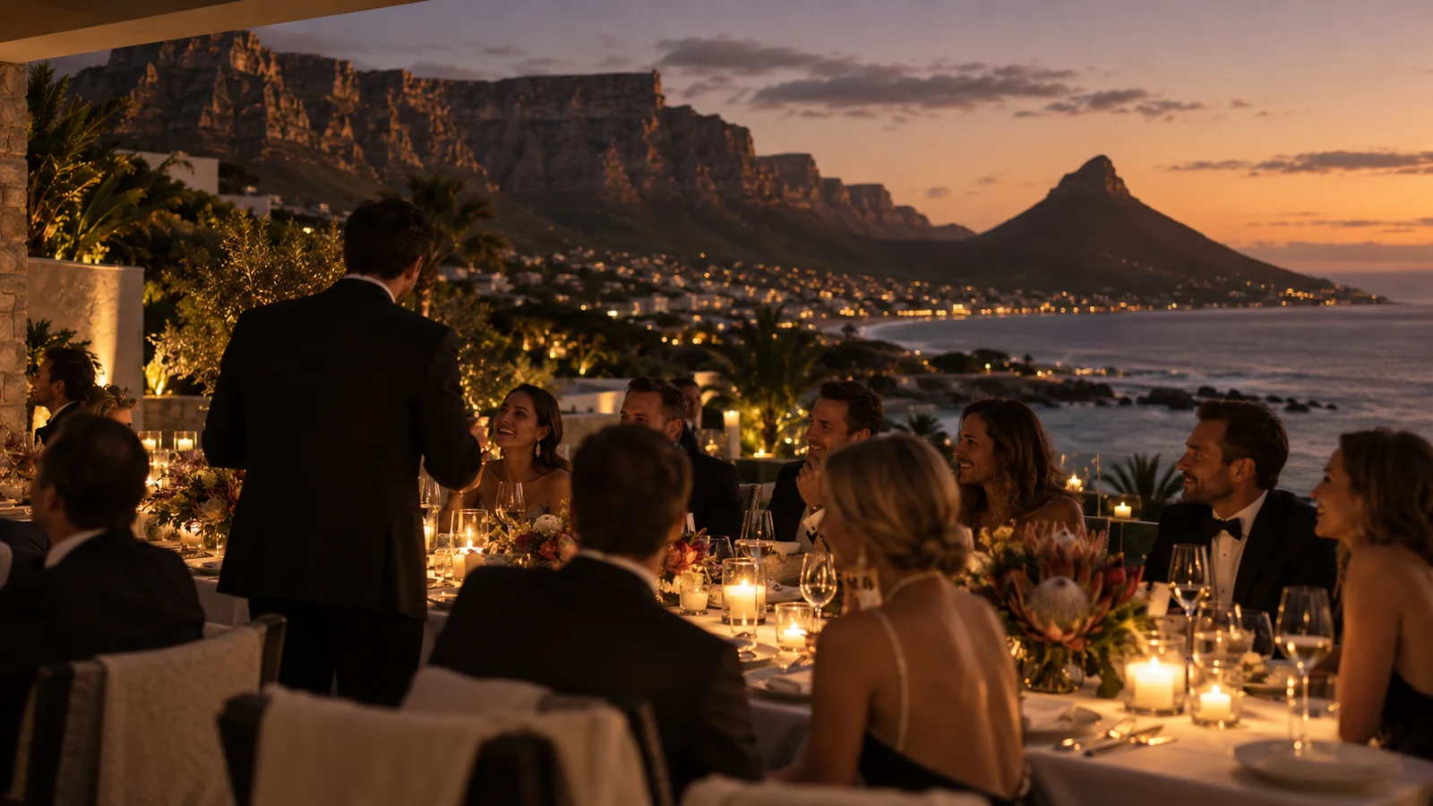 A candlelit dinner on a Camps Bay terrace at dusk, Table Mountain behind