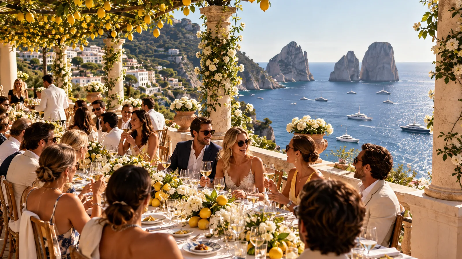 A long wedding lunch under a lemon pergola in Capri with the Faraglioni behind