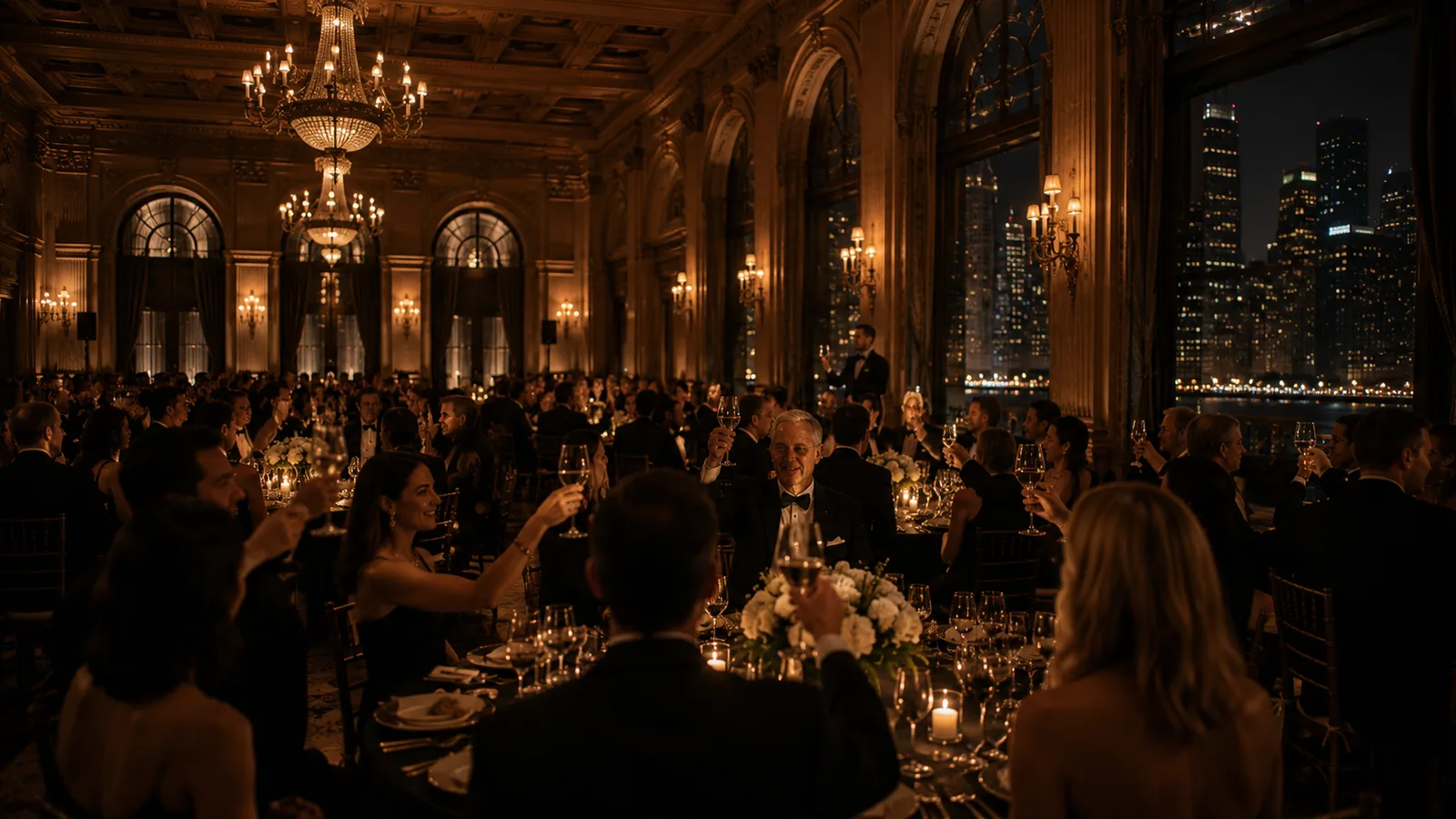 A black-tie gala in a historic Chicago ballroom with chandeliers and the lit skyline through tall arched windows