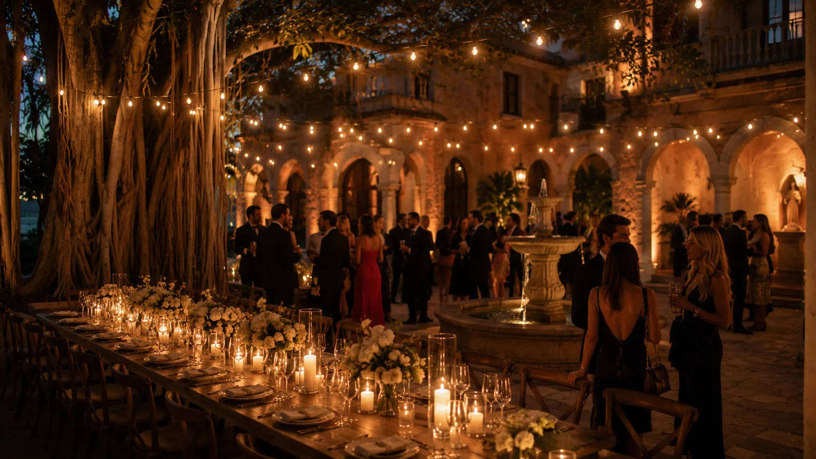 A candlelit dinner in a Mediterranean-revival courtyard in Coral Gables under festoon lights and a banyan tree