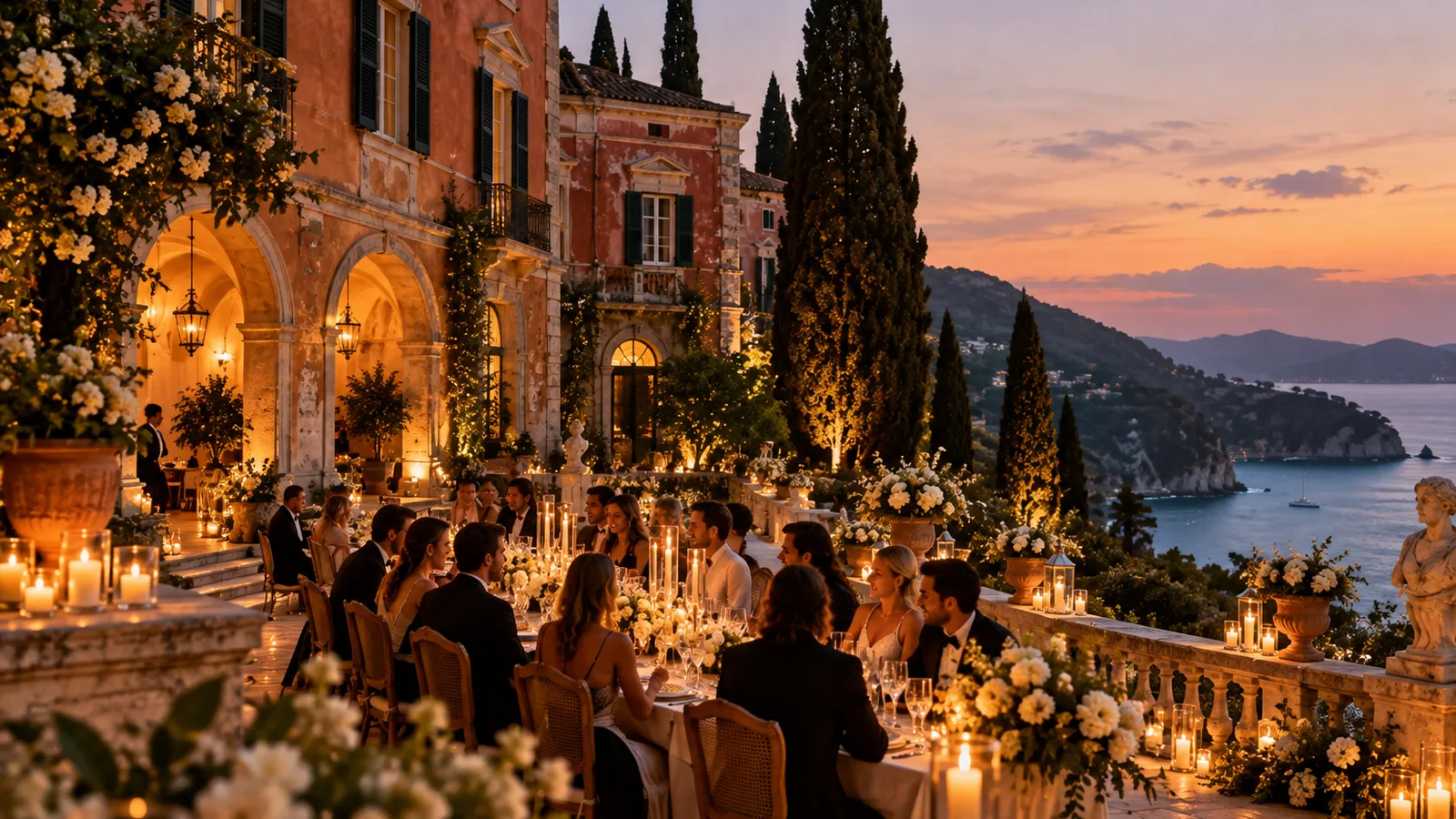 A candlelit wedding dinner in a Venetian manor courtyard above an Ionian bay in Corfu