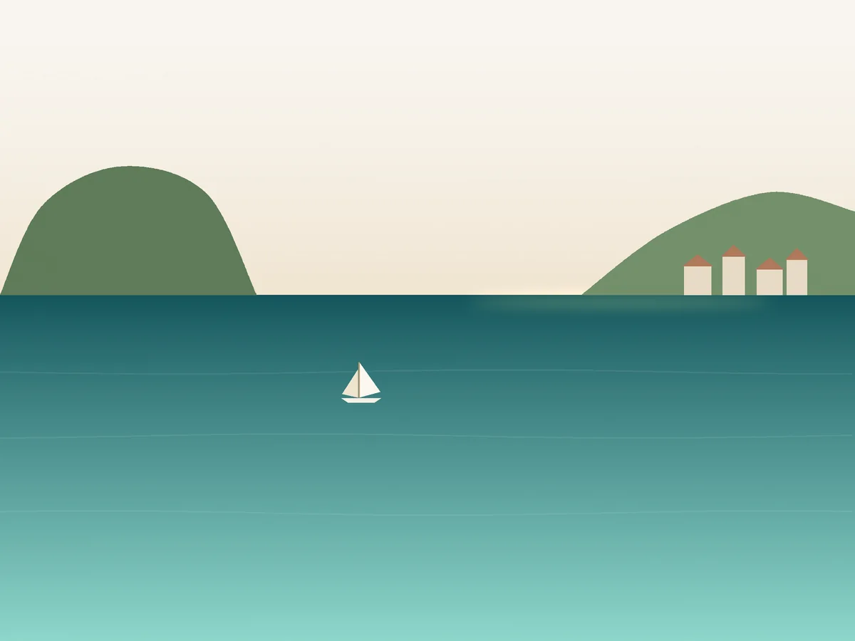 Illustrated view of Corfu's green Ionian headlands above a turquoise bay