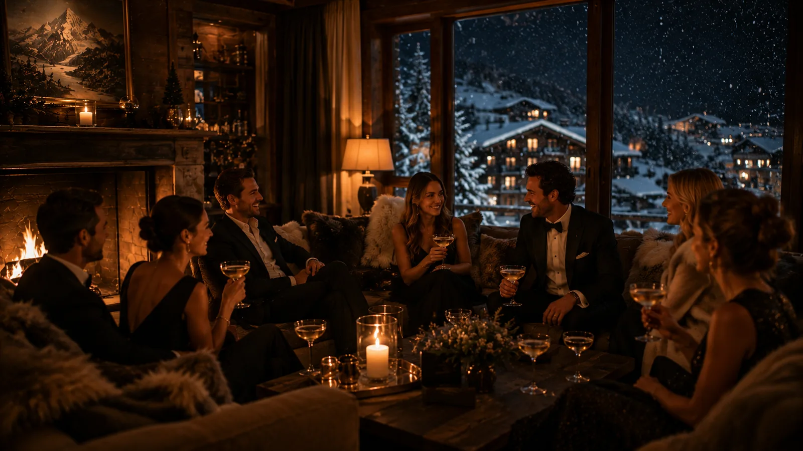 Guests in evening wear by the fire in a Courchevel chalet salon after dinner, snow falling outside the tall windows