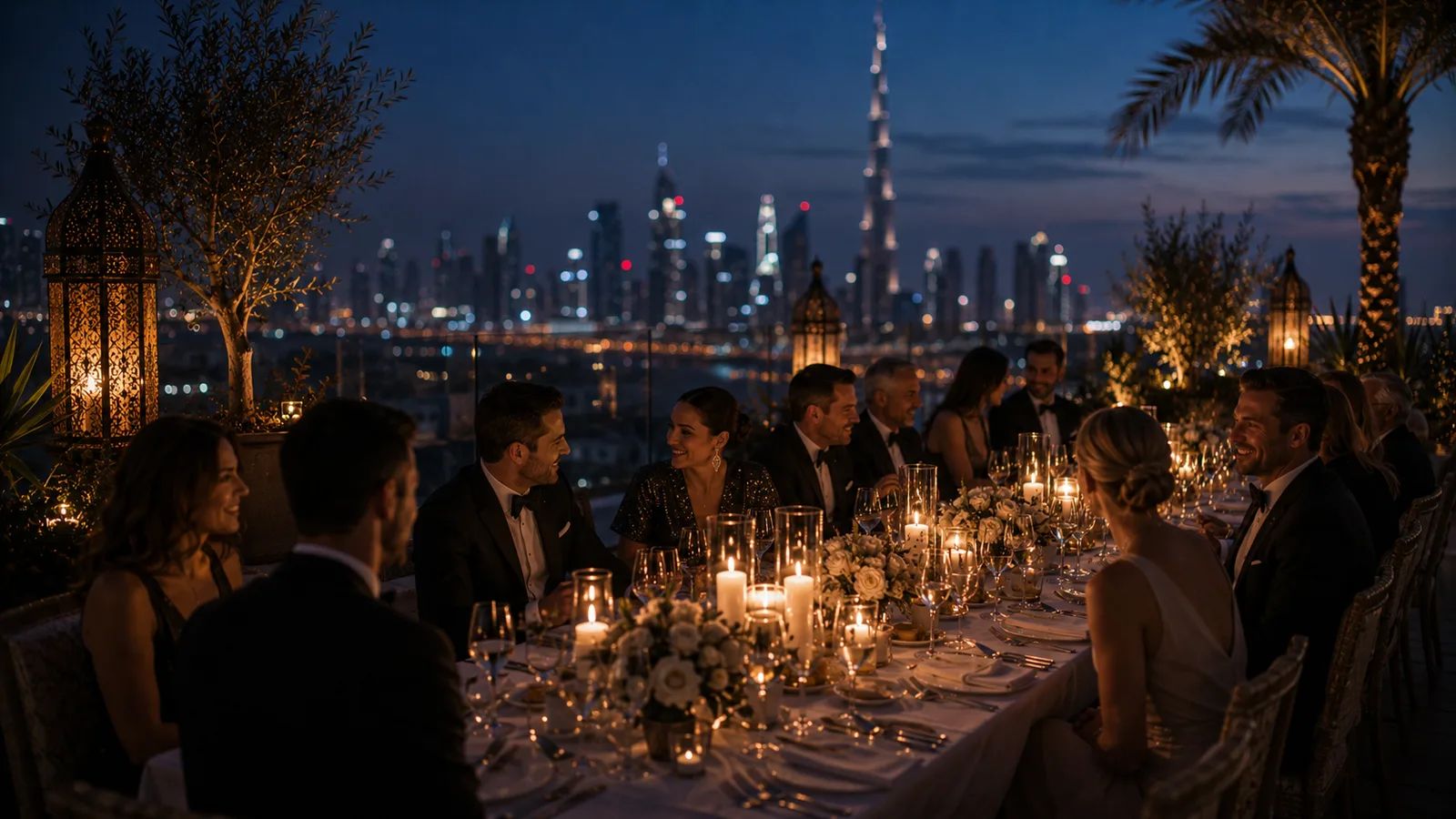 A candlelit dinner on a private terrace high above Dubai at blue hour, the Burj Khalifa skyline behind