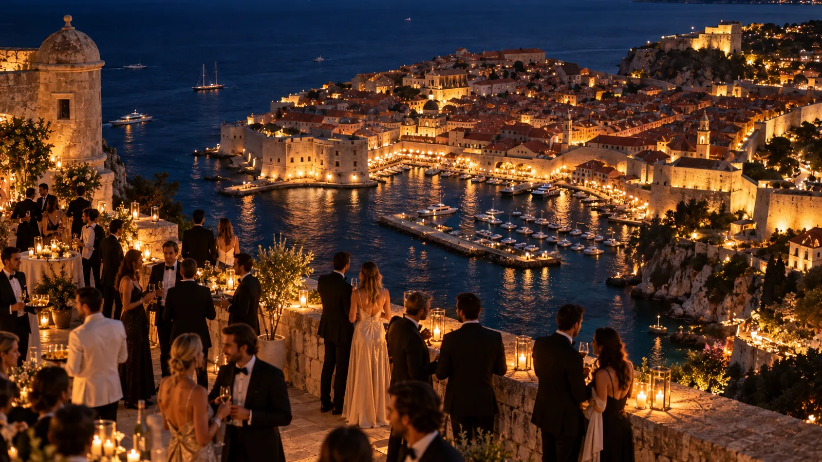 Wedding guests on a clifftop terrace overlooking Dubrovnik's floodlit walled Old Town at night