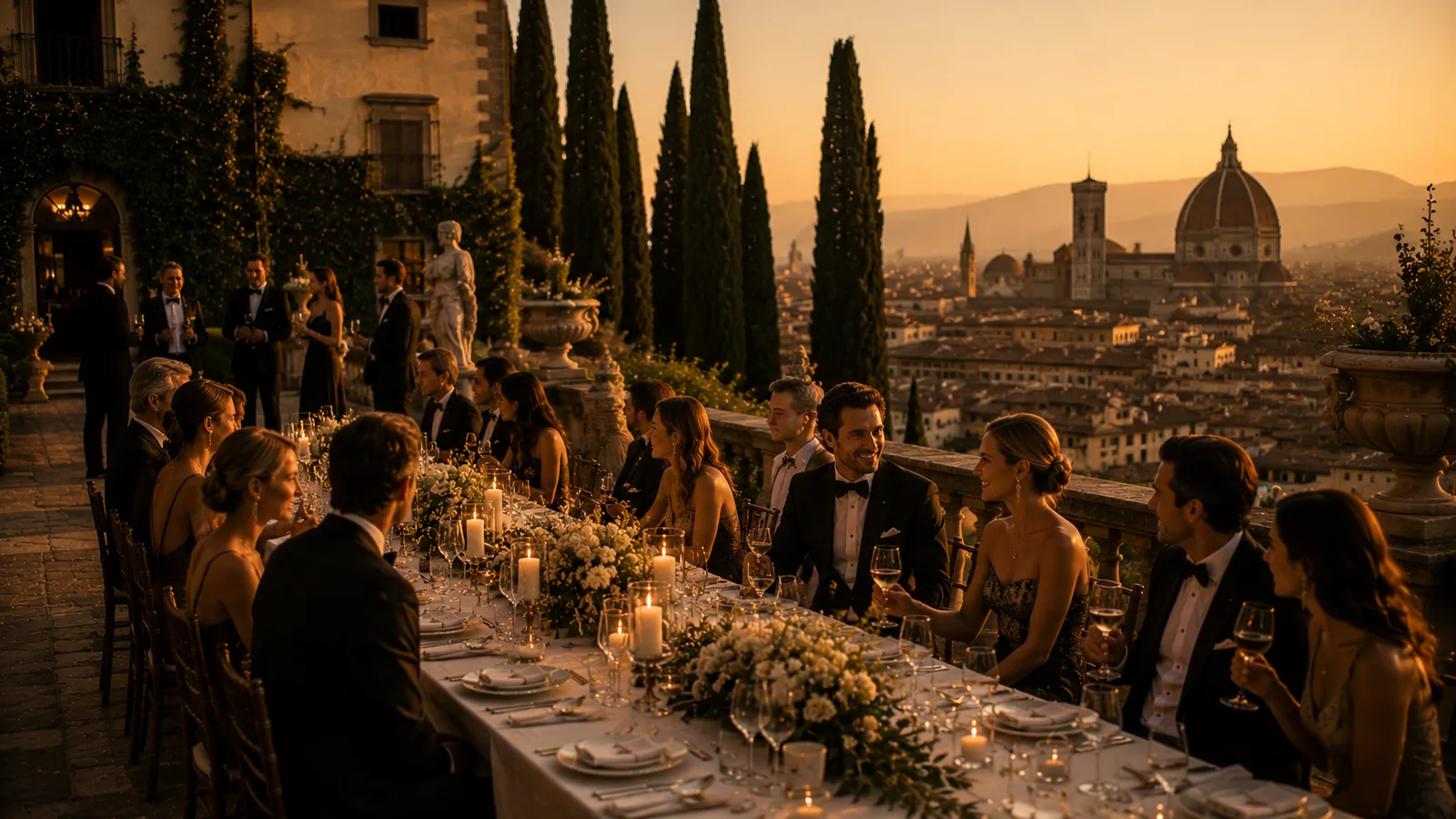 A long candlelit dinner table on a villa terrace above Florence at golden hour, cypress trees and the Duomo in the haze
