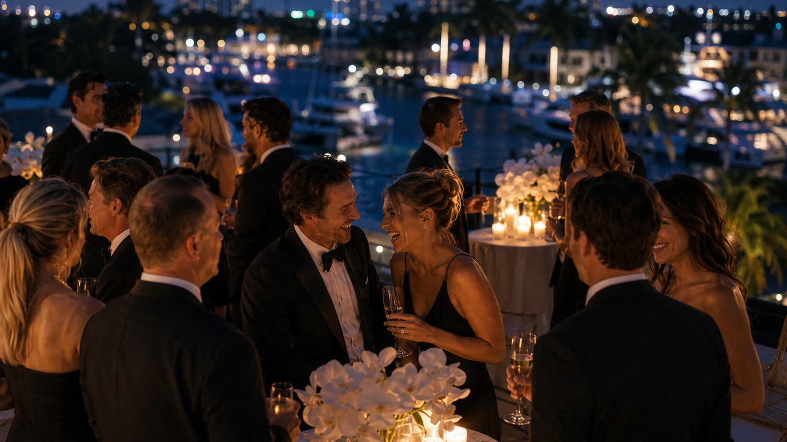 A rooftop evening reception with the illuminated city skyline behind, guests gathered around a close-up performance
