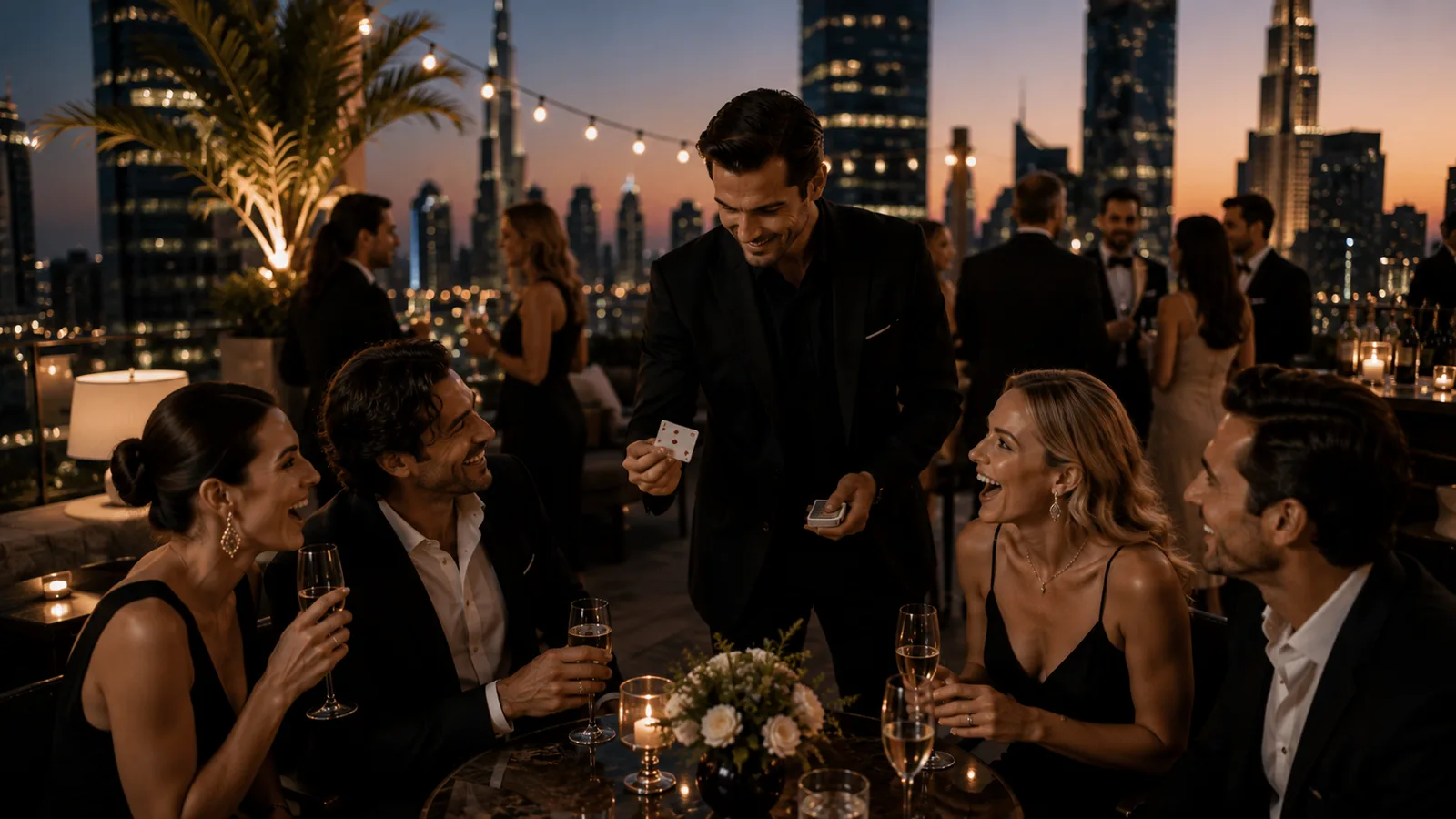 A rooftop evening reception with the illuminated city skyline behind, guests gathered around a close-up performance