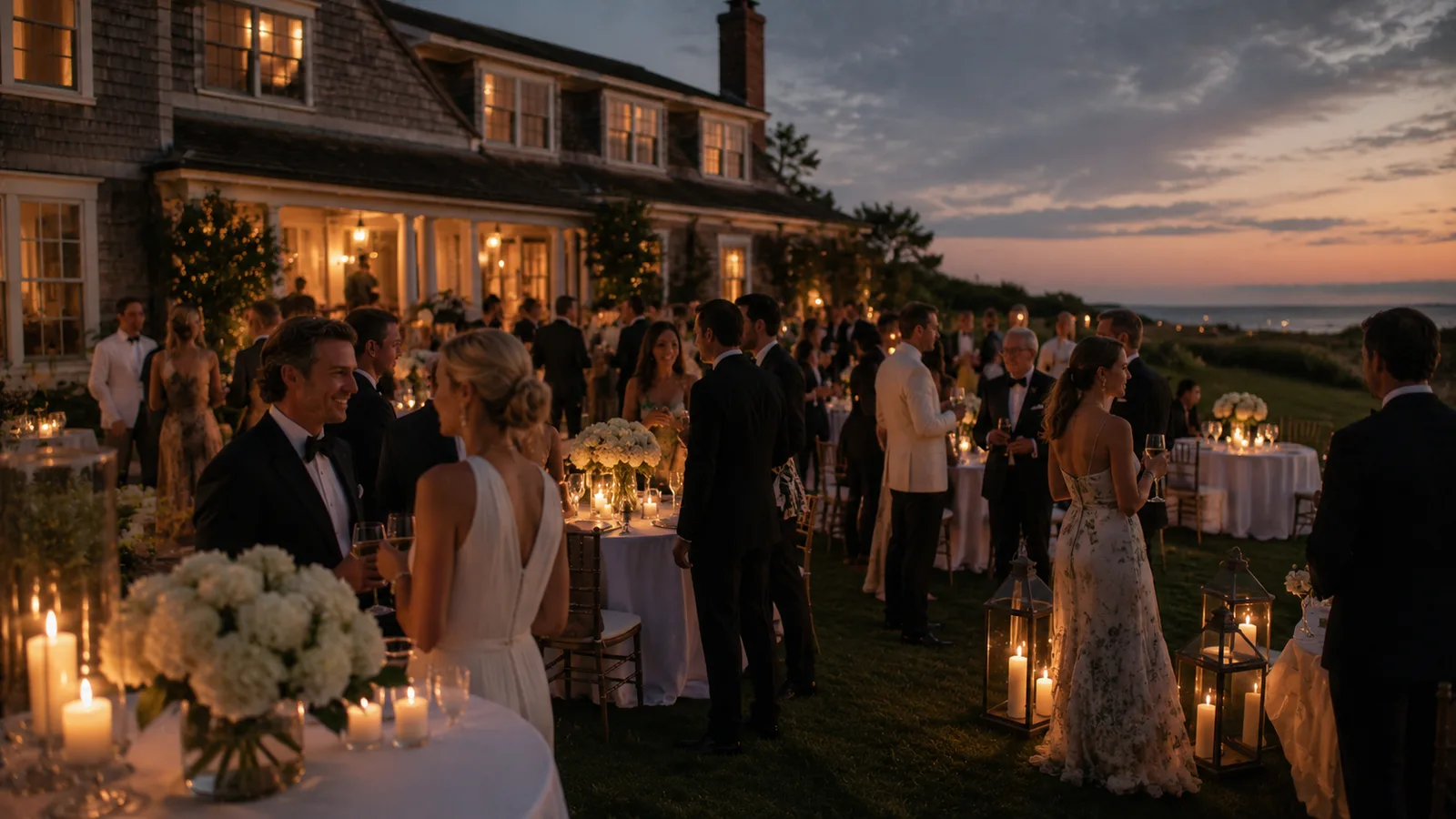 A summer evening reception on a Hamptons lawn, hurricane lanterns and white linen tables in front of a shingle house