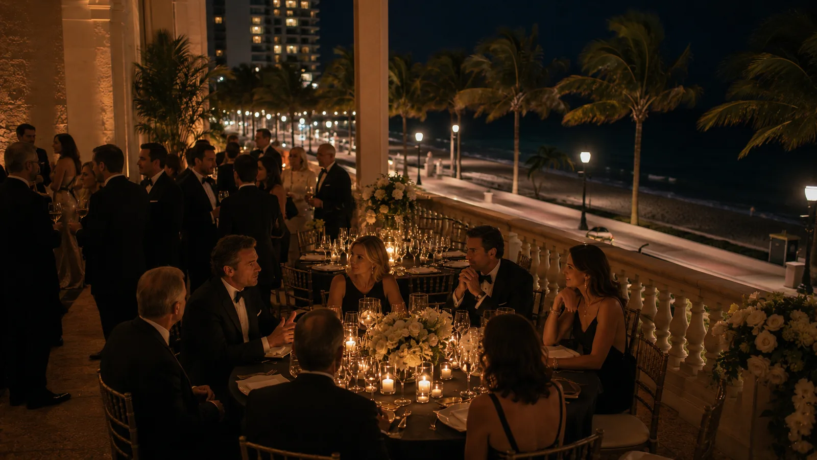 An oceanfront evening reception in Hollywood, Florida, candlelit tables with palms and the dark ocean beyond