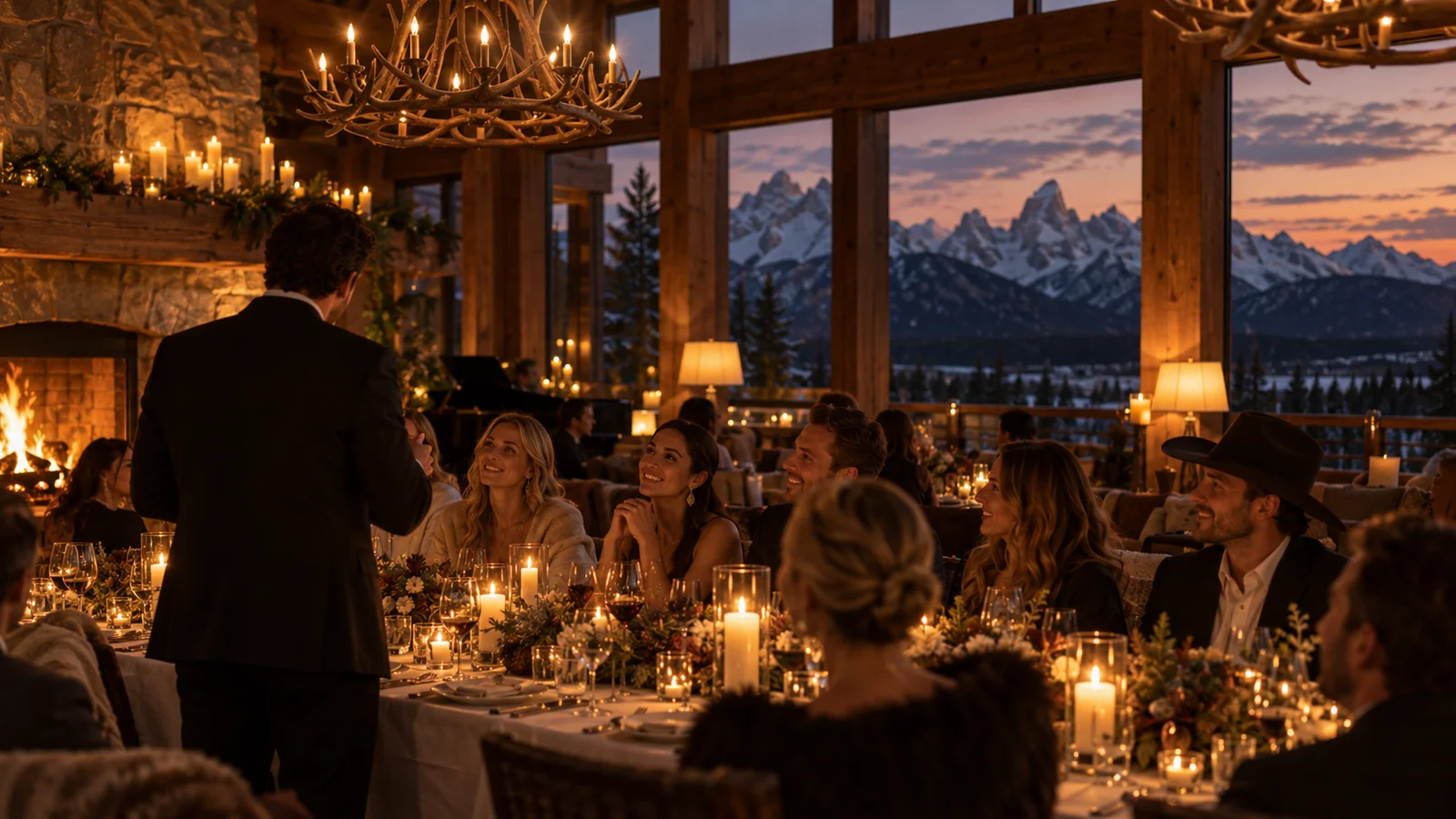 A candlelit lodge dinner in Jackson Hole, the Teton range through the windows
