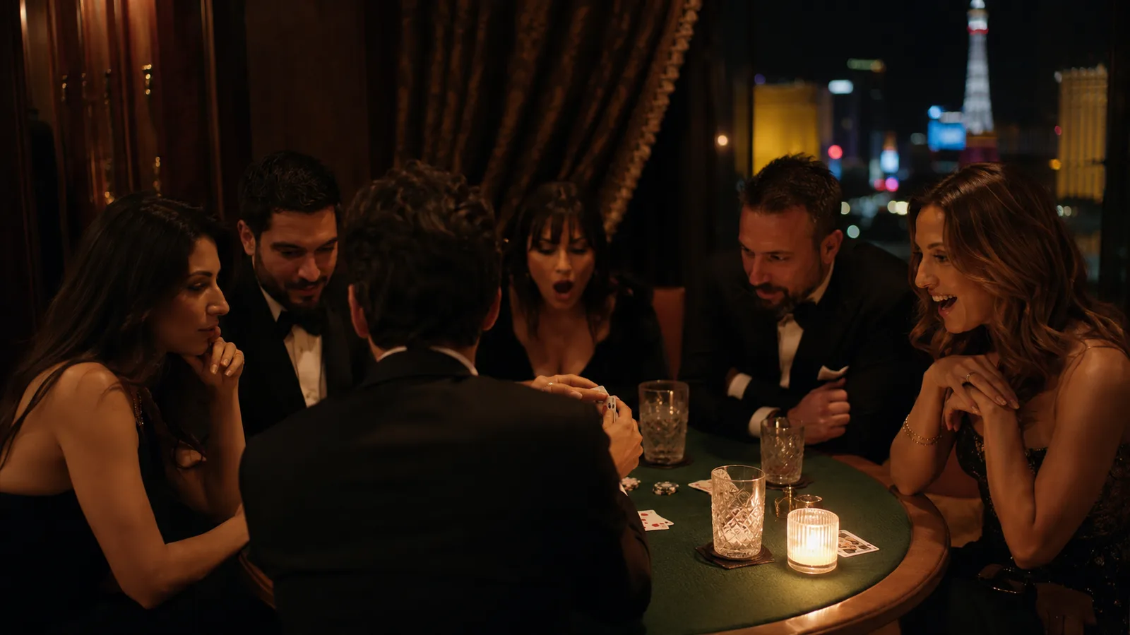 Guests in evening wear leaning in around a candlelit card table in a private Las Vegas salon, the Strip's neon out of focus behind