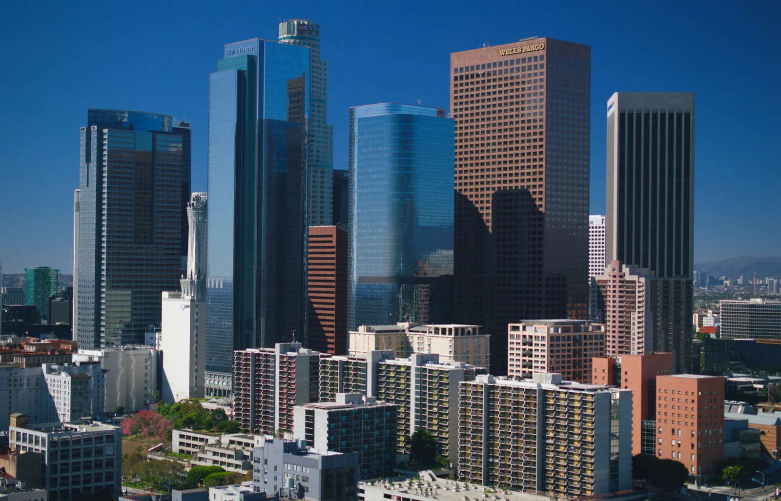 The downtown Los Angeles skyline at dusk, California