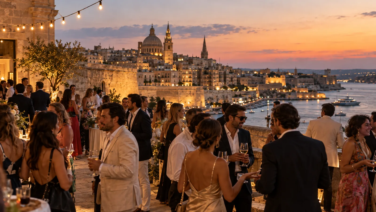 An evening wedding reception on a Valletta bastion terrace above the Grand Harbour