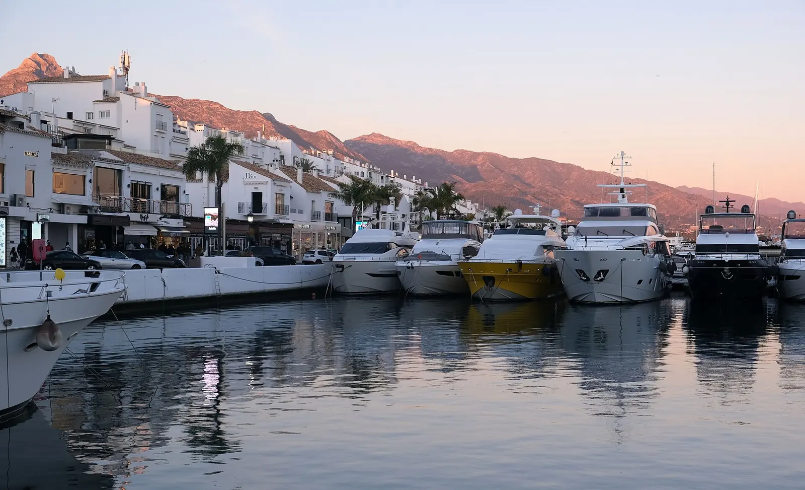 Puerto Banús marina in Marbella at dusk, Costa del Sol