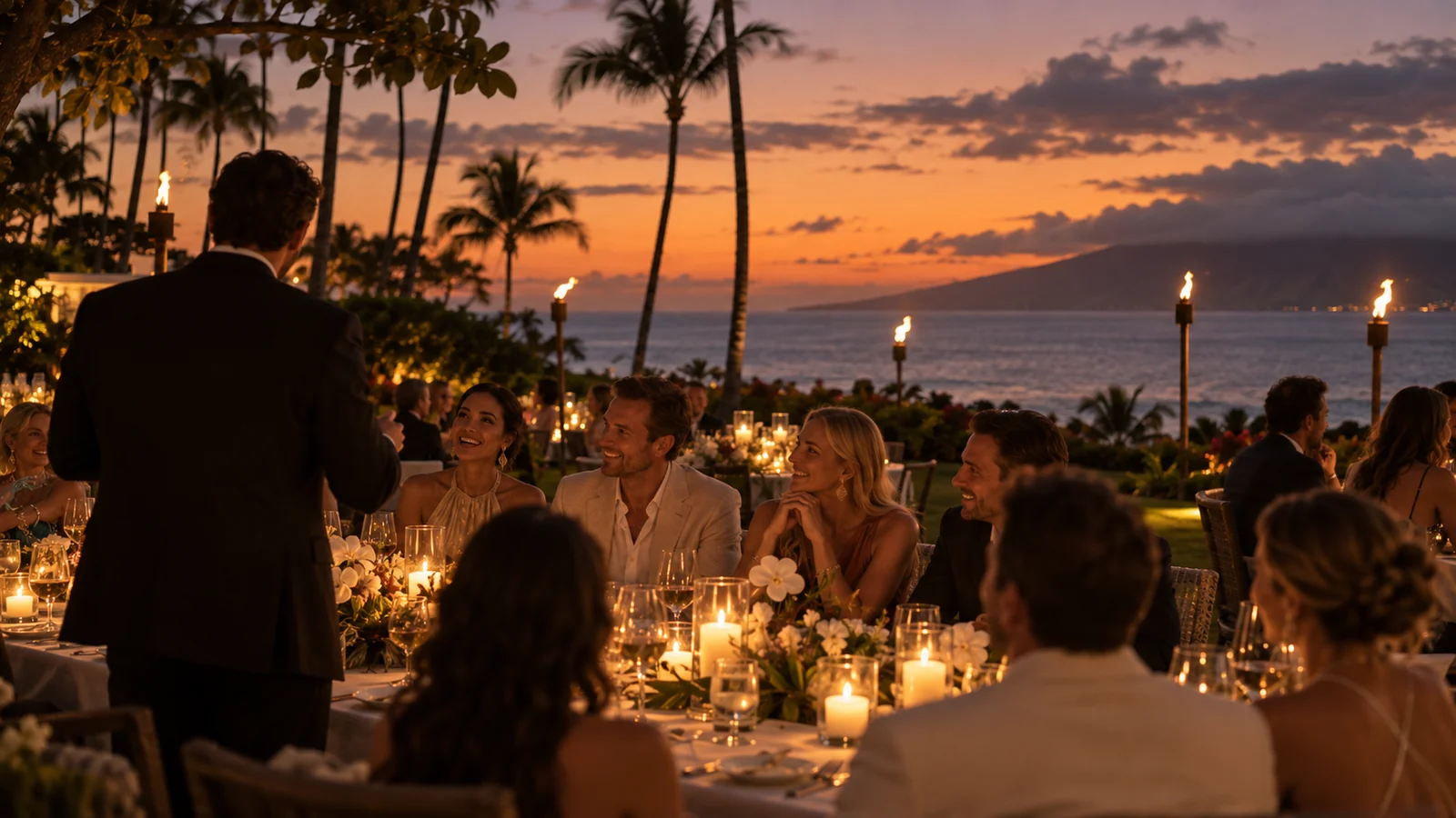 A candlelit dinner on a Wailea resort lawn at dusk, tiki torches and the ocean sunset behind