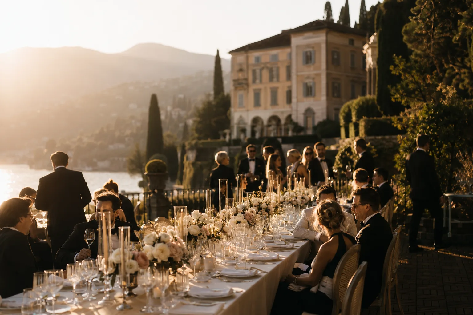A long candlelit dinner table set in the gardens of an Italian villa at golden hour, guests seated along its length