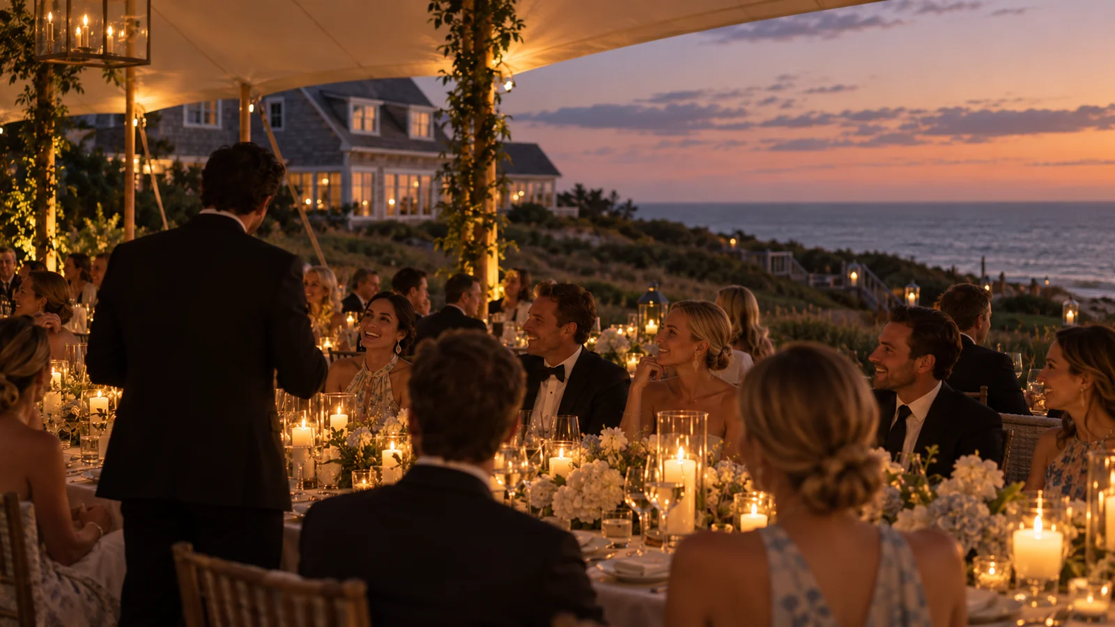 A sailcloth-tent wedding dinner on a Nantucket bluff at dusk