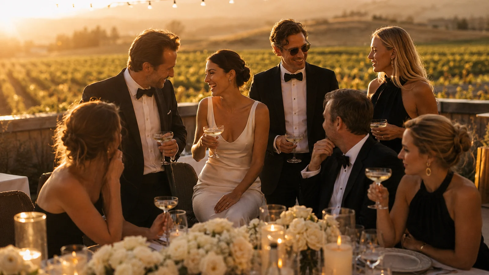 An outdoor wedding reception under string lights, the couple and guests gathered around a close-up performance