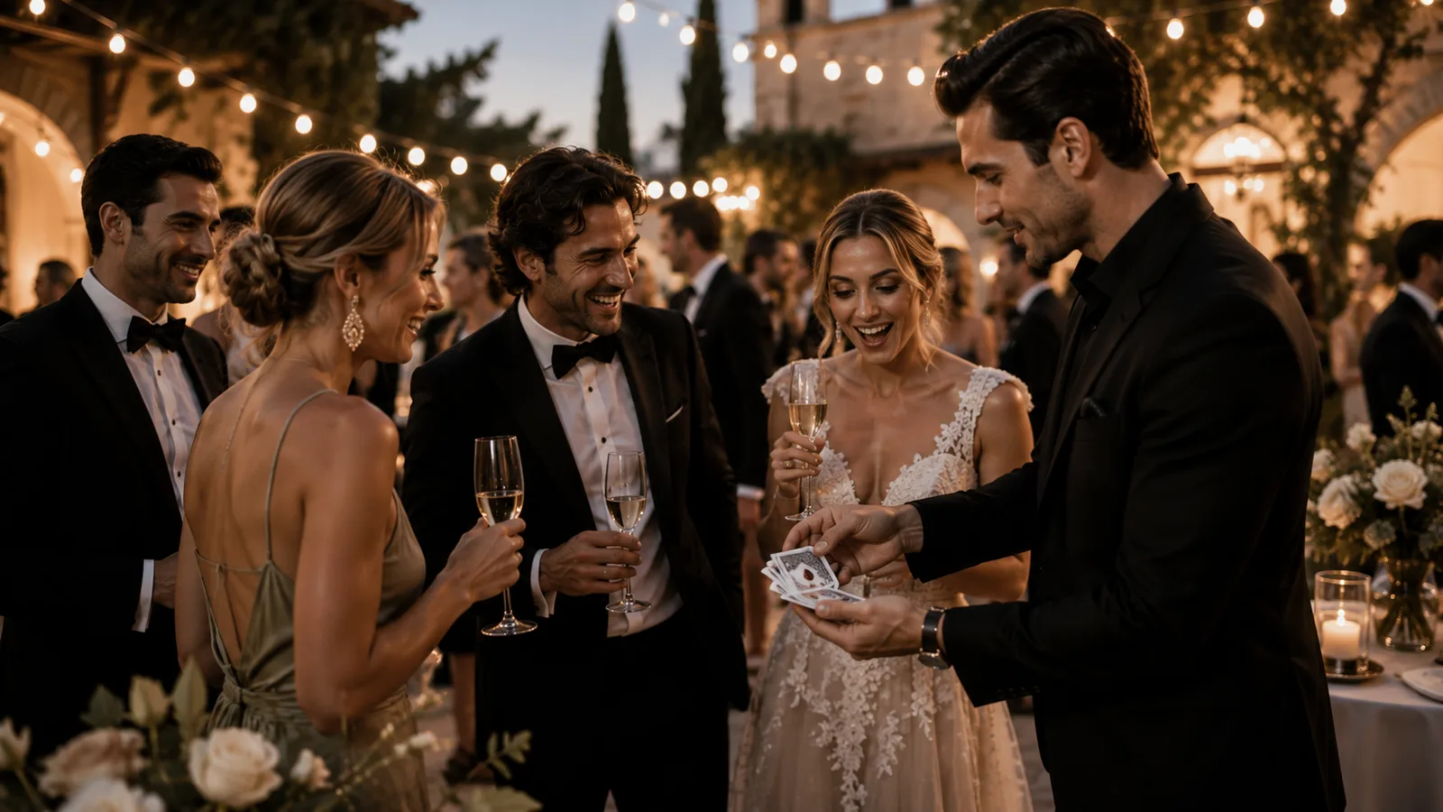 An outdoor wedding reception under string lights, the couple and guests gathered around a close-up performance