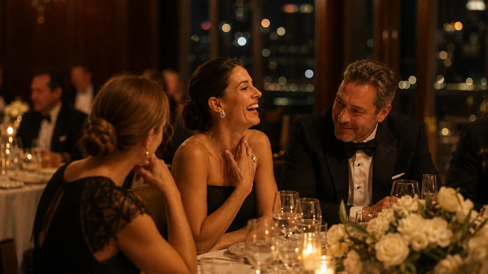 A black-tie gala interior, guests around a candlelit table reacting to a close-up card performance