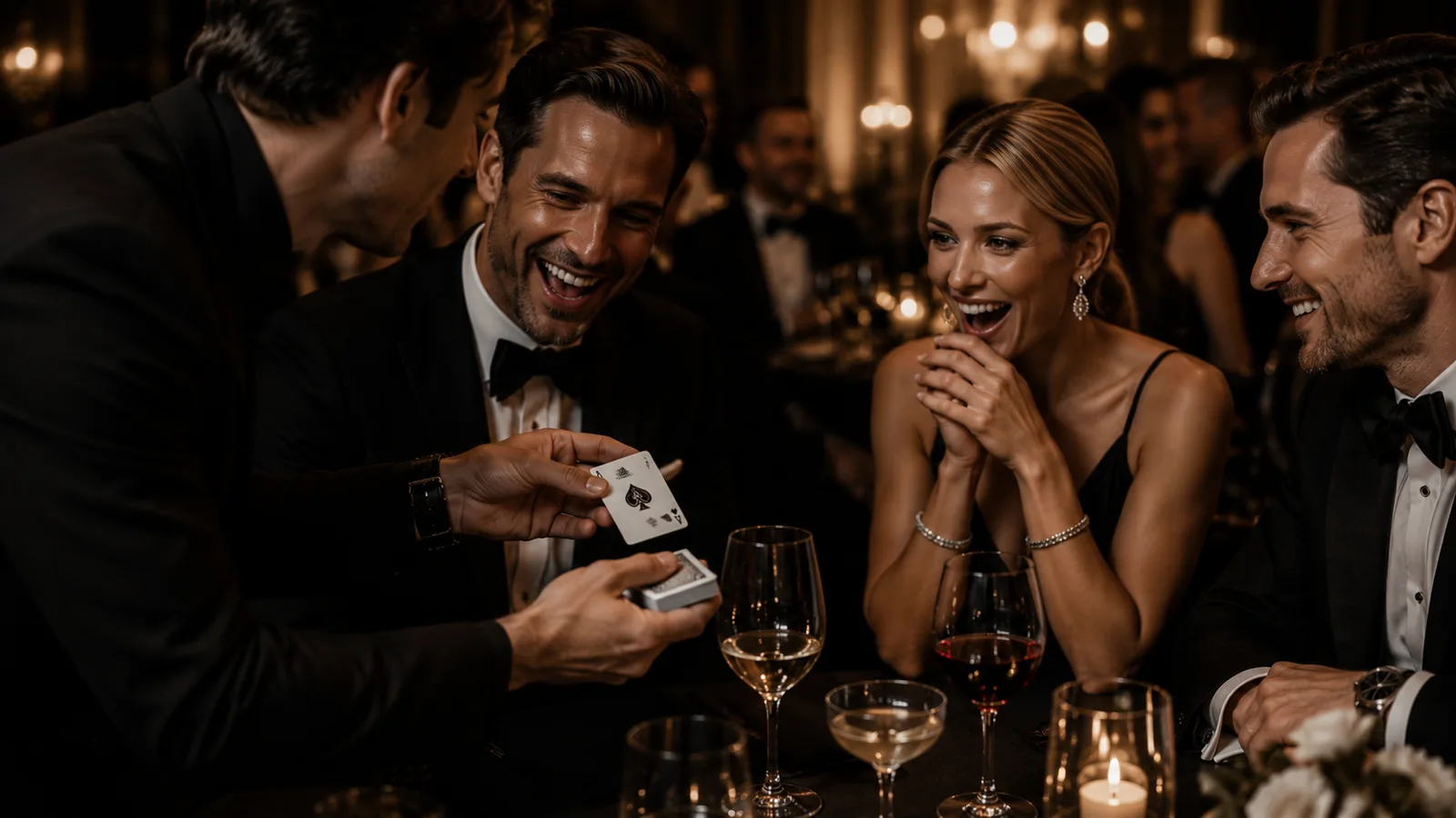 A black-tie gala interior, guests around a candlelit table reacting to a close-up card performance