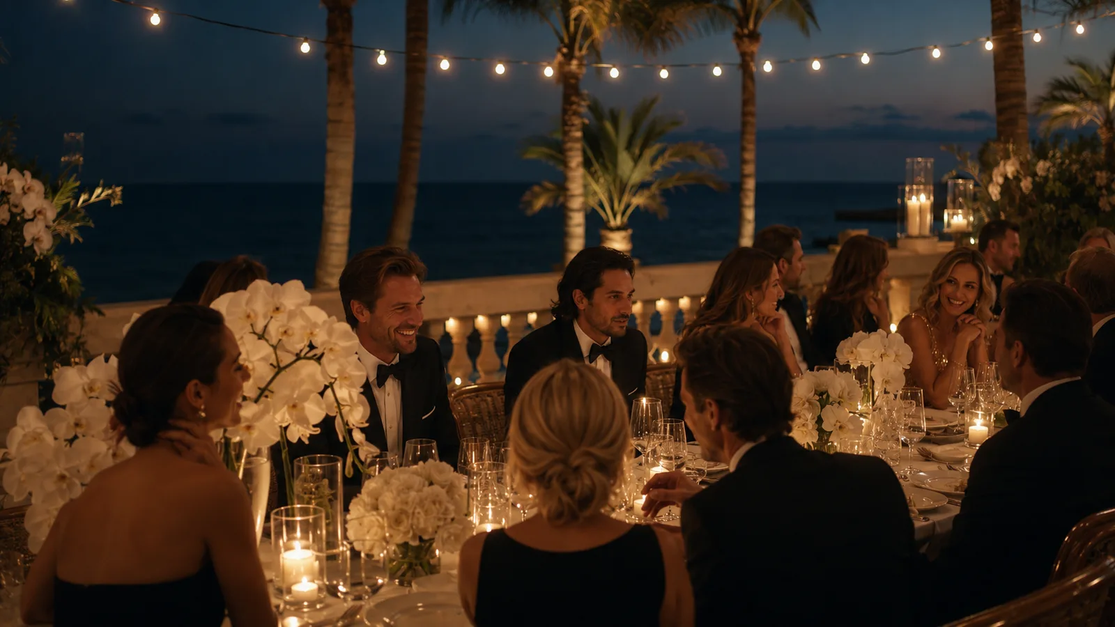 A candlelit oceanfront dinner on a Palm Beach terrace at dusk, white orchids on a long table under string lights