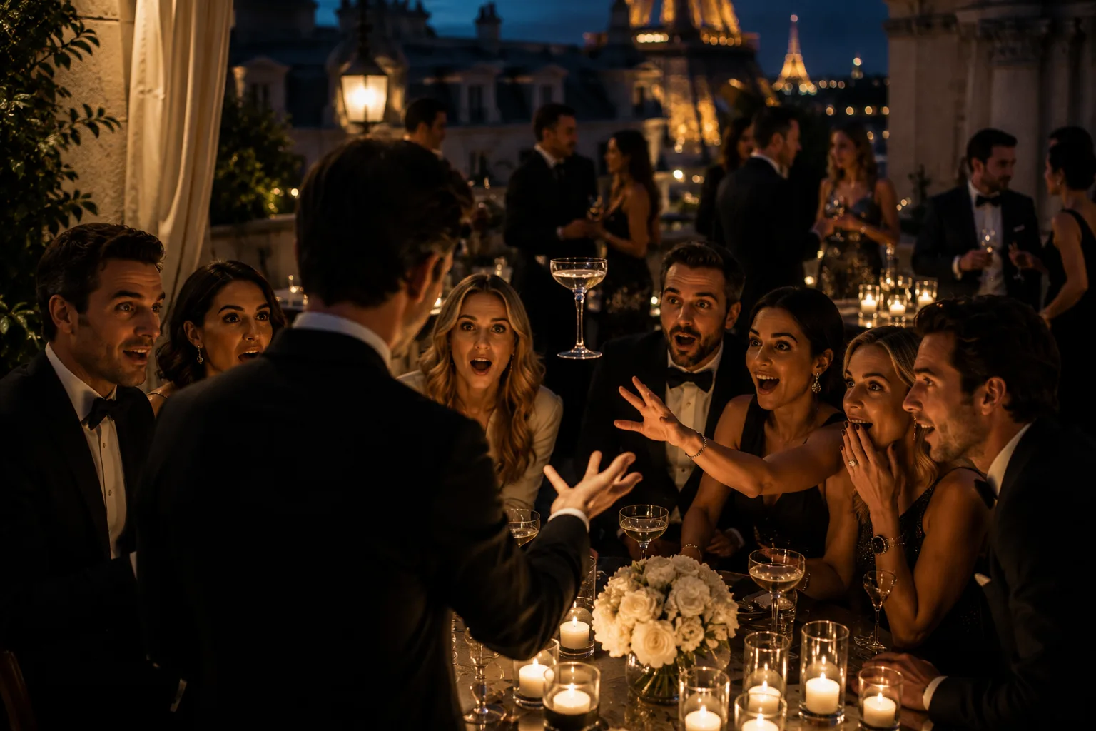 An evening gala on a Paris terrace at dusk, guests around a candlelit table reacting to a close-up performance, the Eiffel Tower lit in the distance