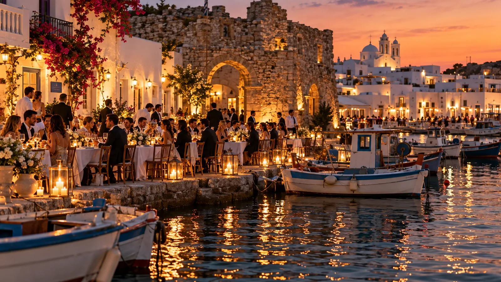 A quayside wedding dinner beside fishing boats in Naoussa harbour, Paros, at dusk