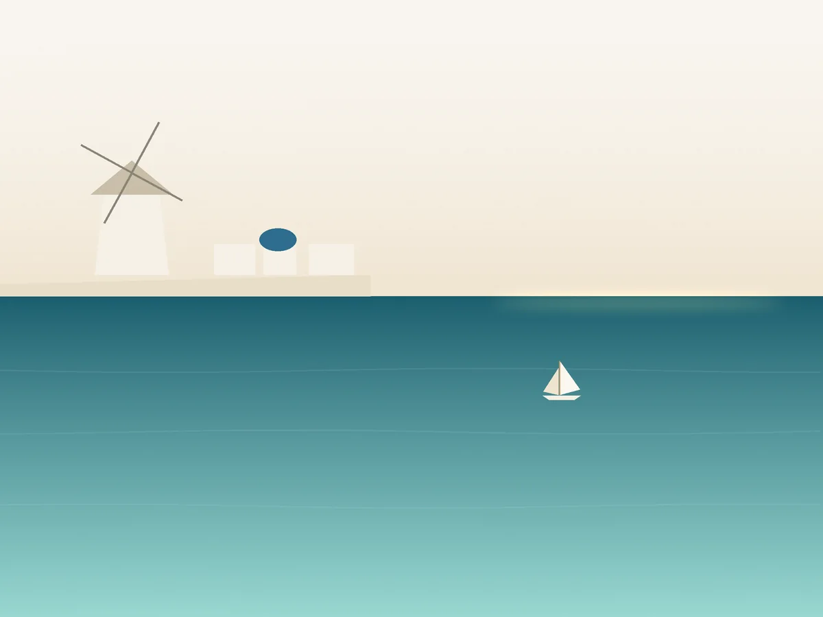 Illustrated view of a white windmill on the Paros waterfront