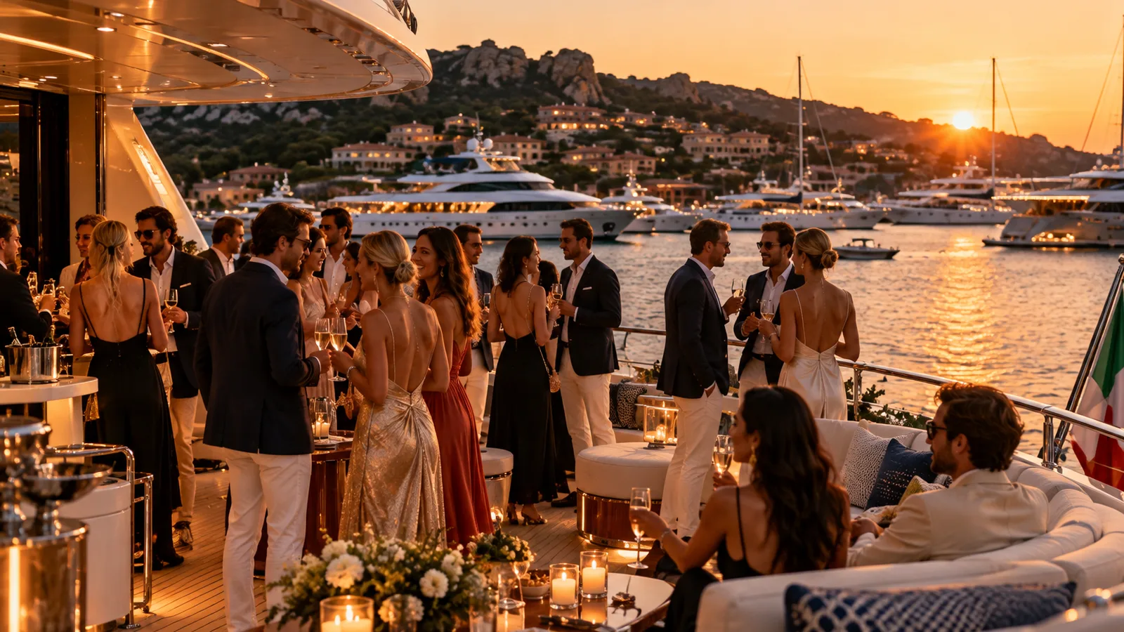 A wedding cocktail party on a yacht's aft deck in the Porto Cervo marina at sunset