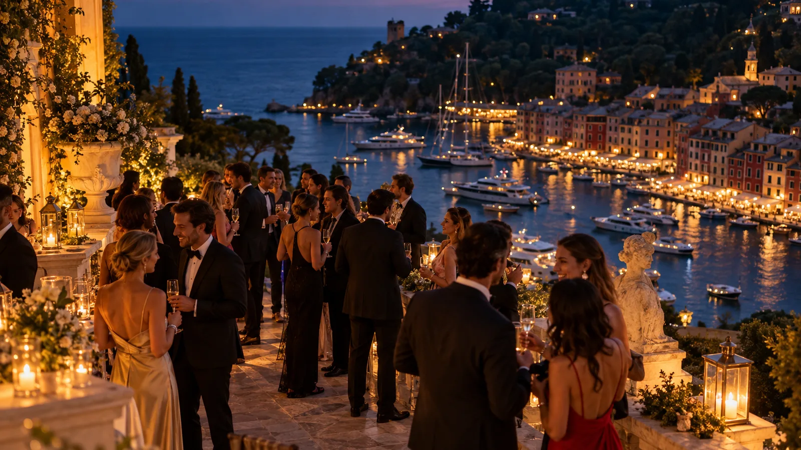 A standing wedding aperitivo on a terrace high above Portofino's harbour at blue hour