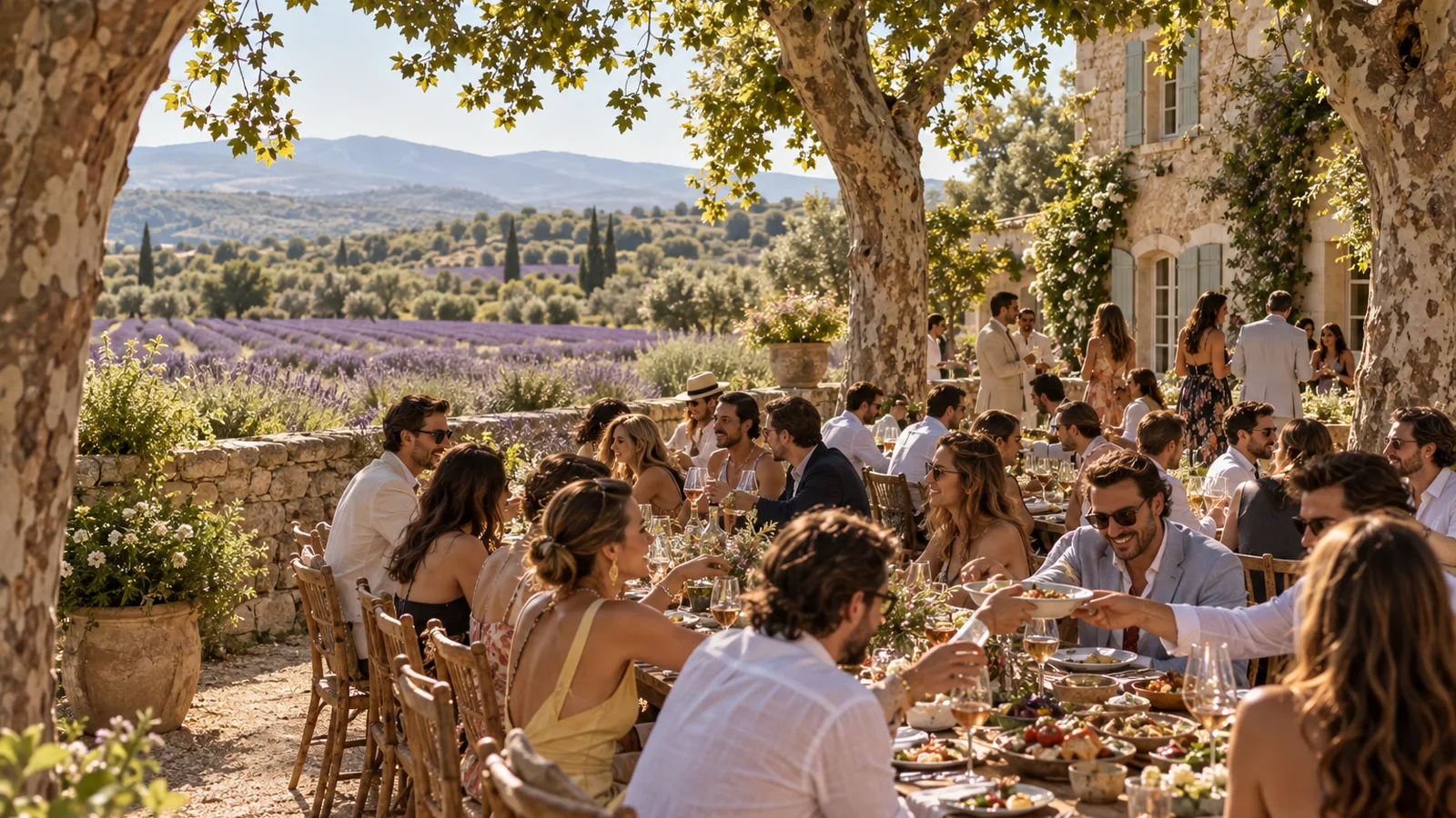 A long wedding lunch under plane trees beside lavender fields in Provence