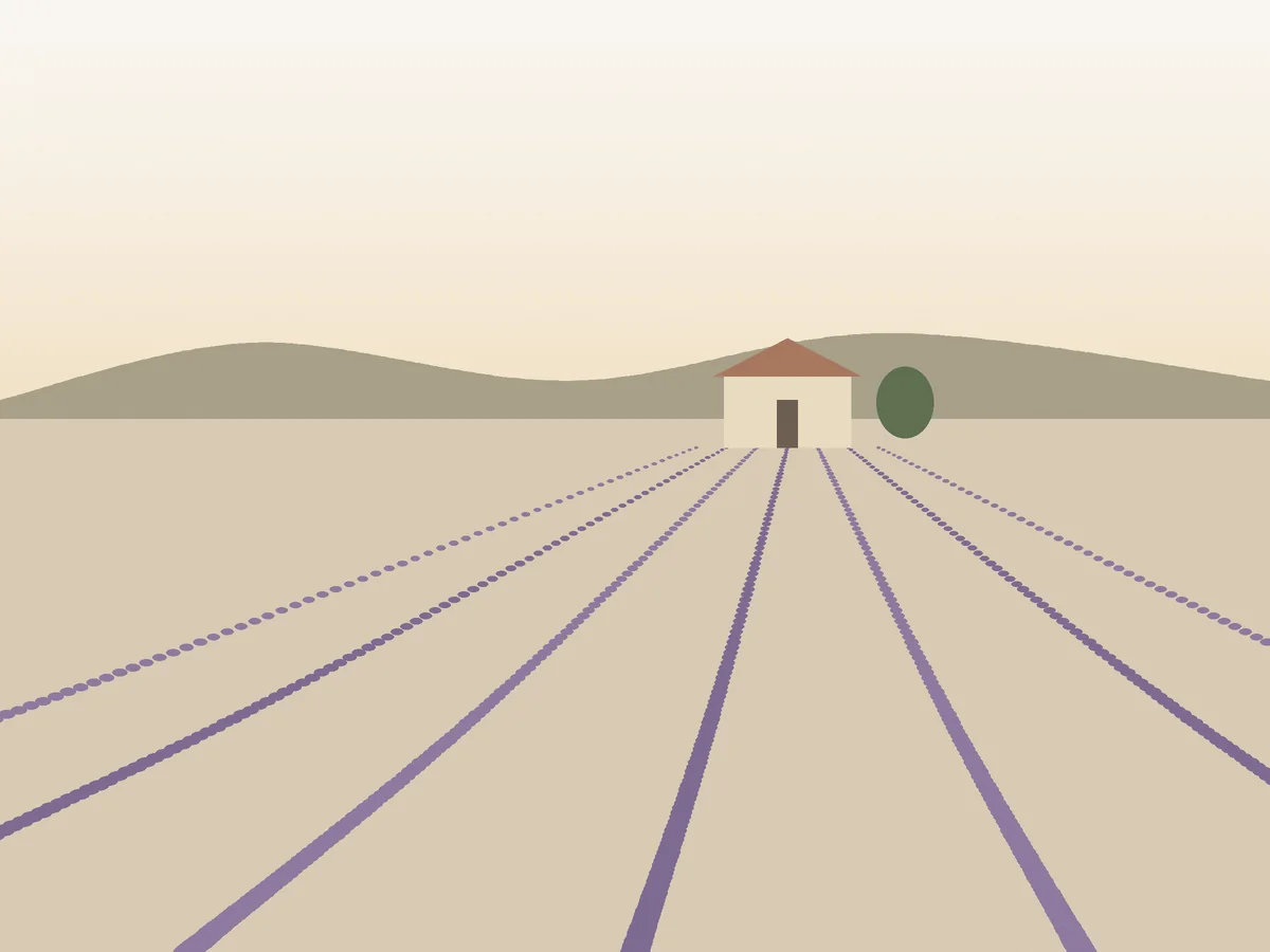 Illustrated view of lavender rows leading to a Provençal farmhouse