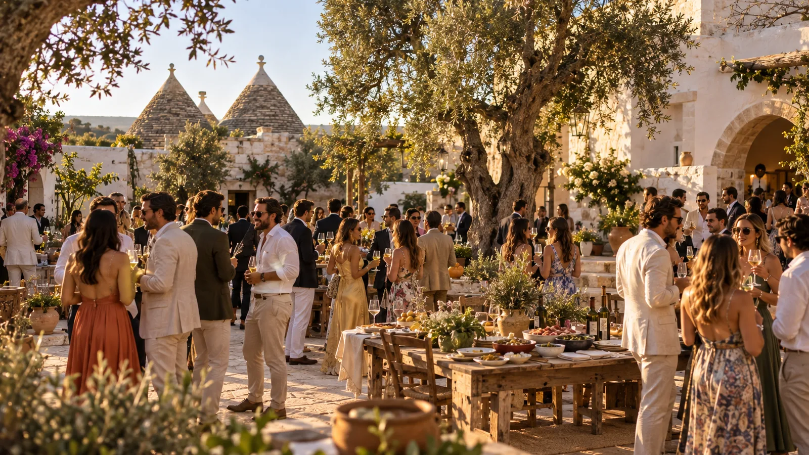 A late-afternoon wedding aperitivo in a masseria courtyard with trulli and olive trees in Puglia