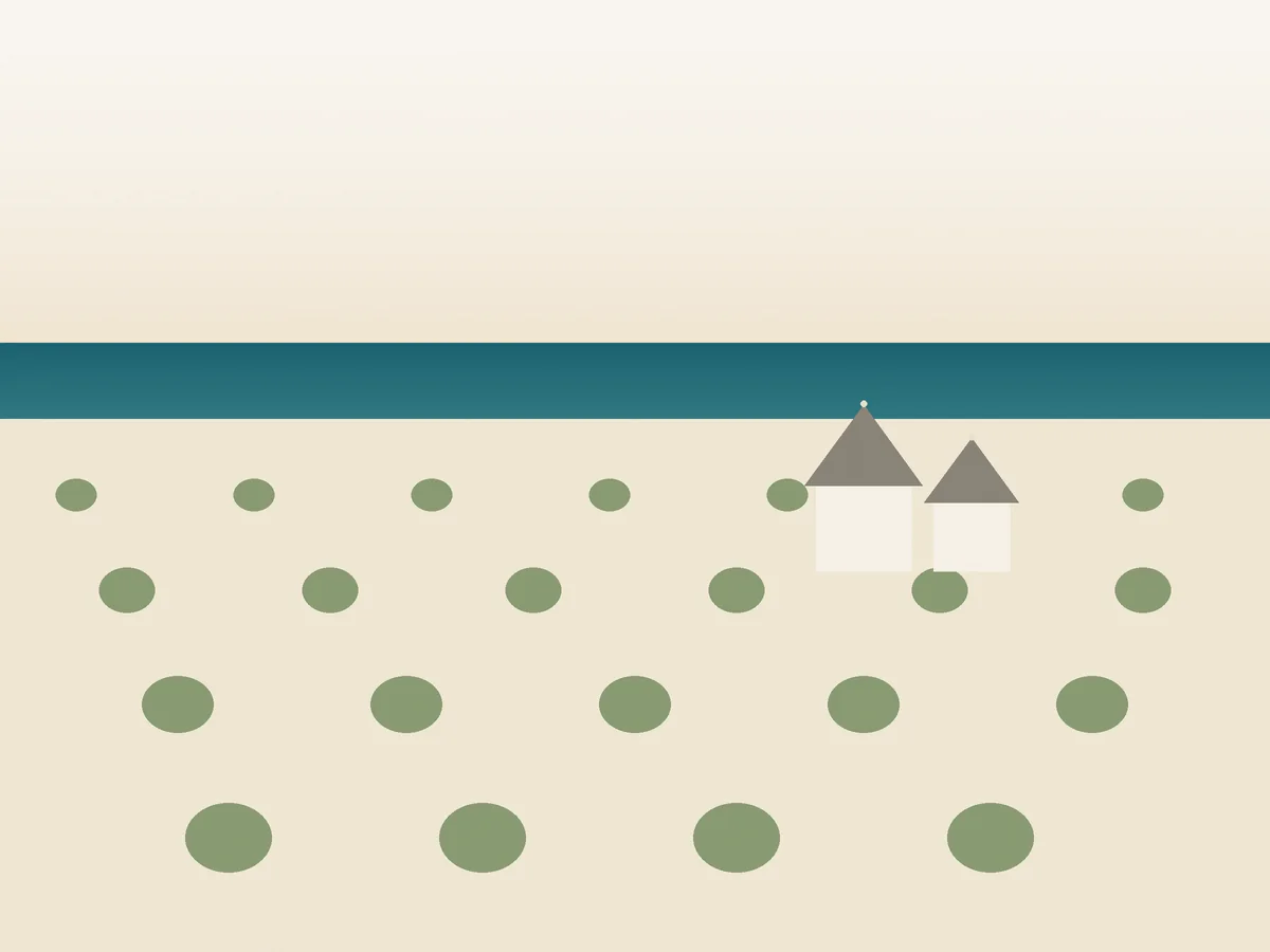 Illustrated view of trulli among olive groves in Puglia