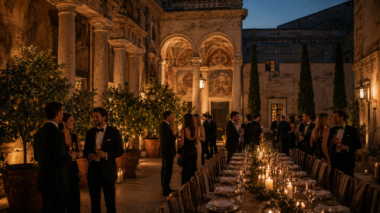 A candlelit dinner table in a Roman palazzo courtyard at dusk, travertine columns and lemon trees