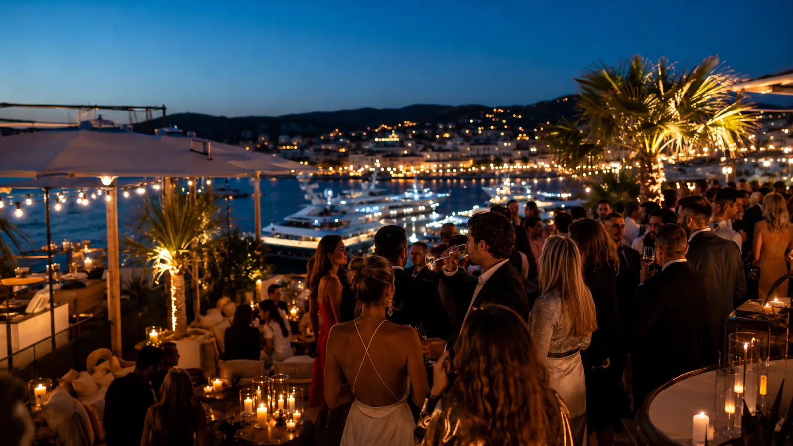 An elegant evening reception on a candlelit terrace overlooking the Saint-Tropez harbour, superyachts lit up at dusk on the French Riviera